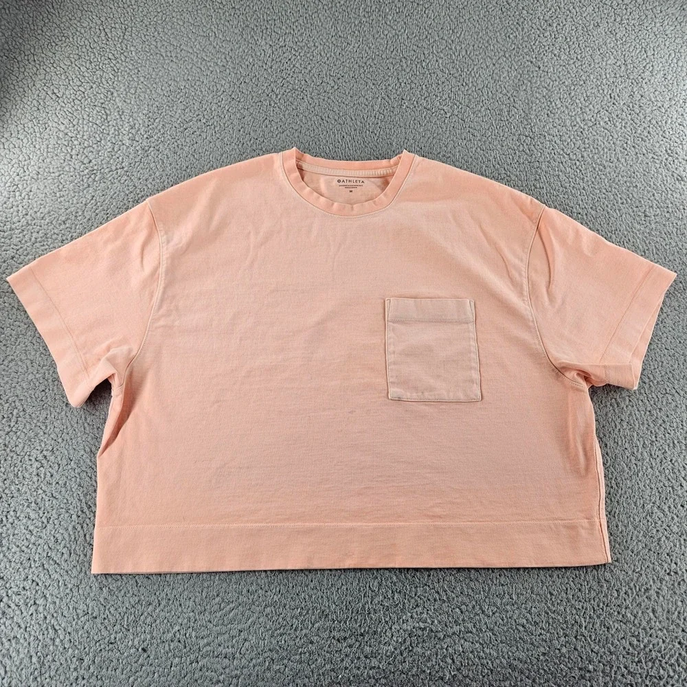 Athleta Classic Cotton Crop Tee Womens‎ Medium Pink Peach Boxy Pocket TShirt